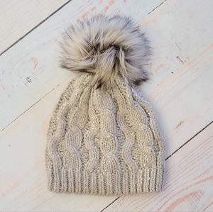 Old Navy Metallic Cable Knit Faux Fur Pom Hat